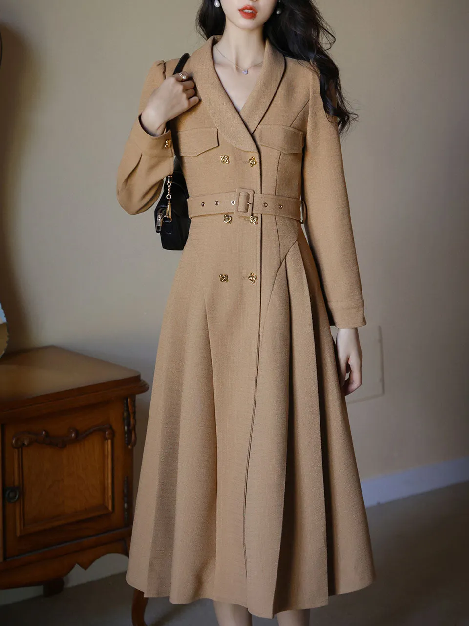 1950S Khaki V Neck 1950S Windbreaker Swing Vintage Dress