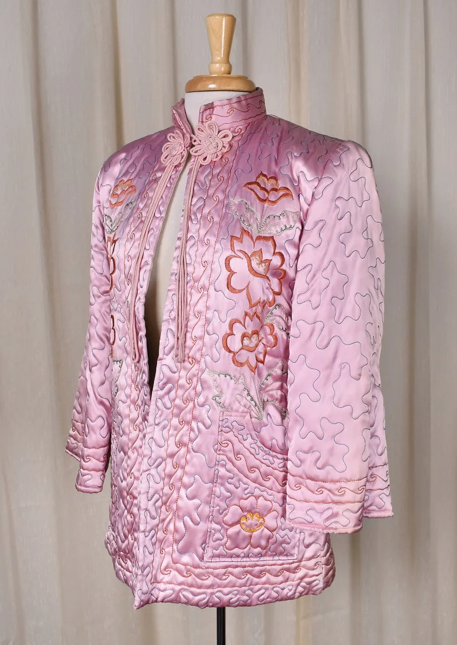 1950s Pink Floral Embroidered Quilted Bed Jacket