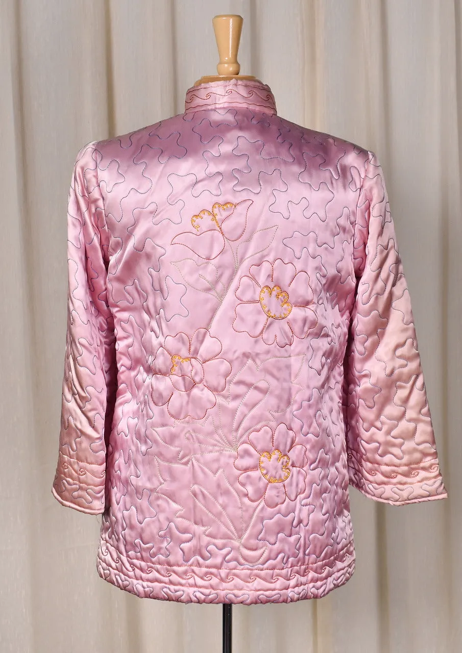 1950s Pink Floral Embroidered Quilted Bed Jacket