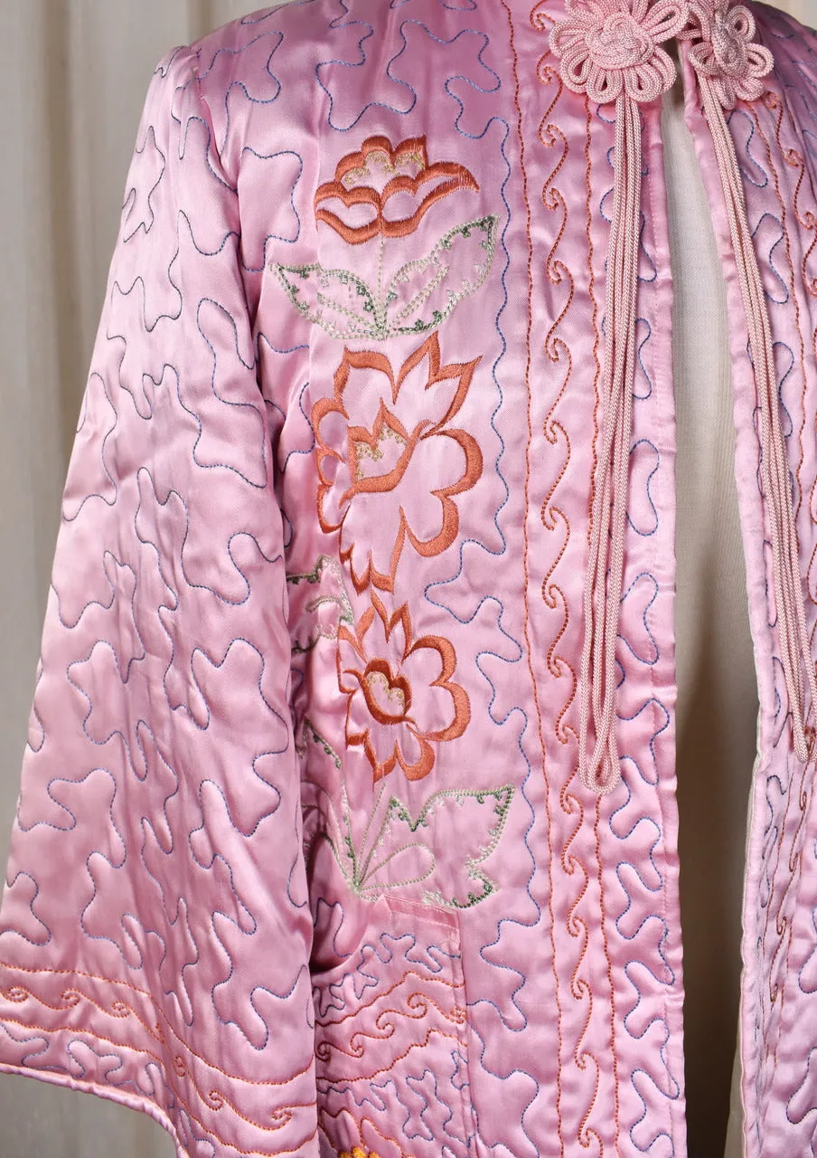 1950s Pink Floral Embroidered Quilted Bed Jacket