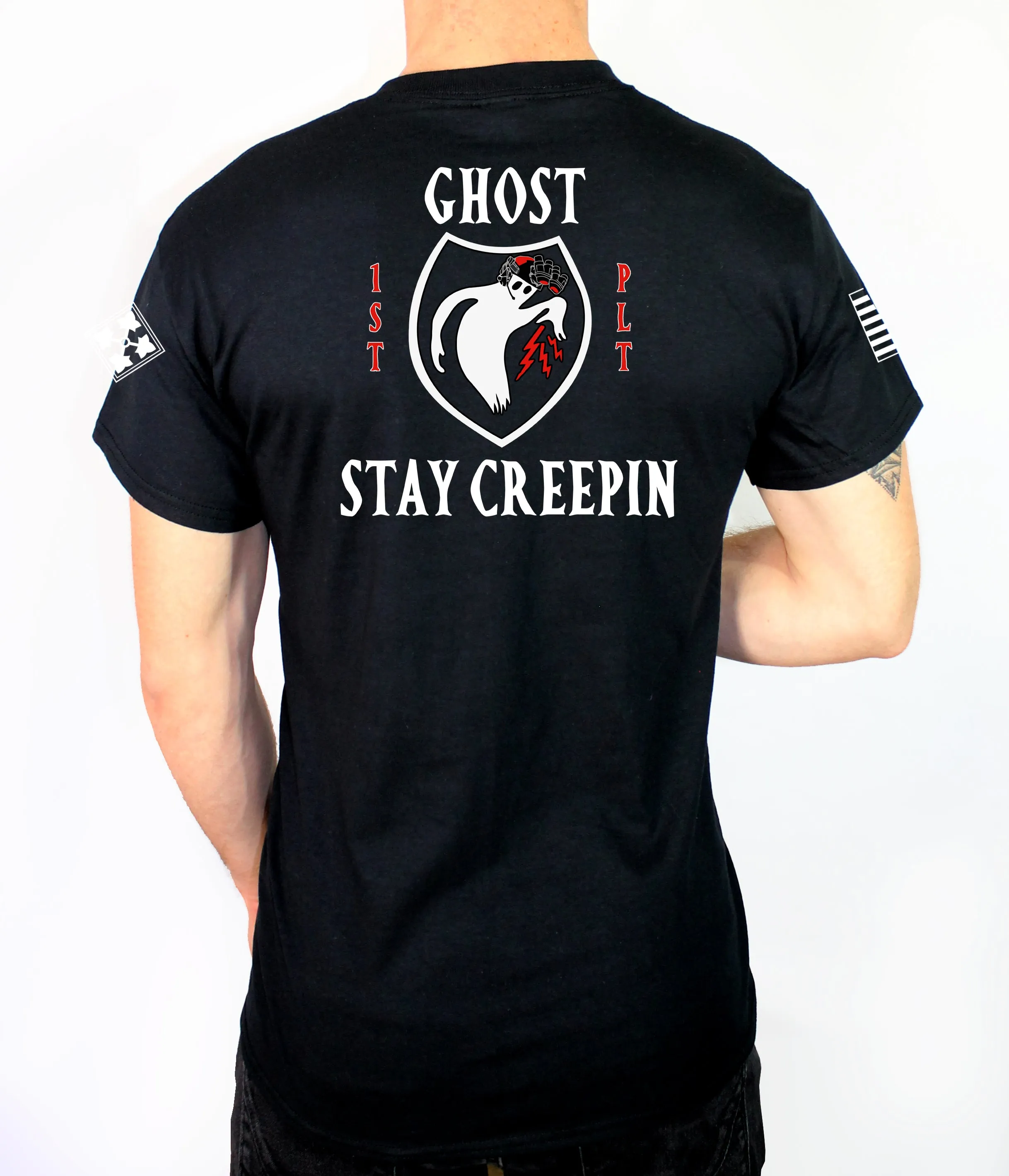 A Co Ghost 50-50 Blend Black Unisex PT Short Sleeve Shirt. Approved for PT