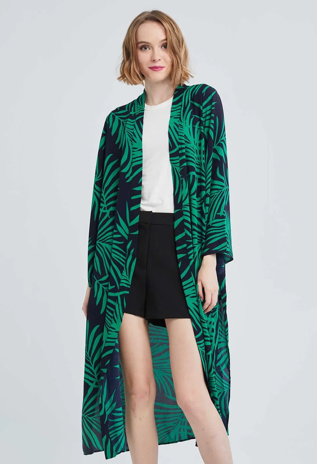 Allover Contrast Palm Leaf Kimono