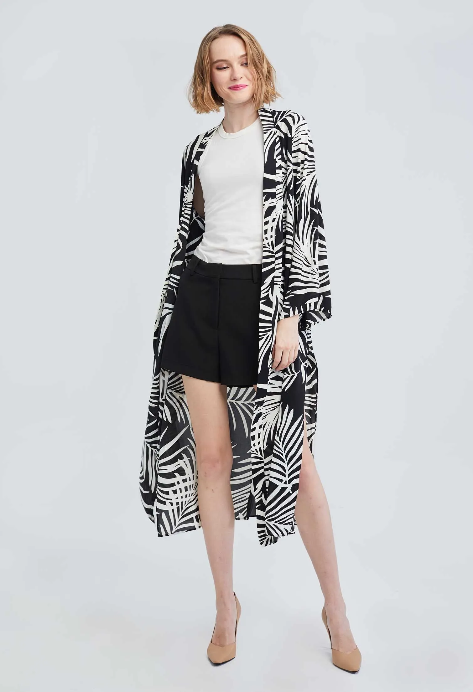 Allover Contrast Palm Leaf Kimono