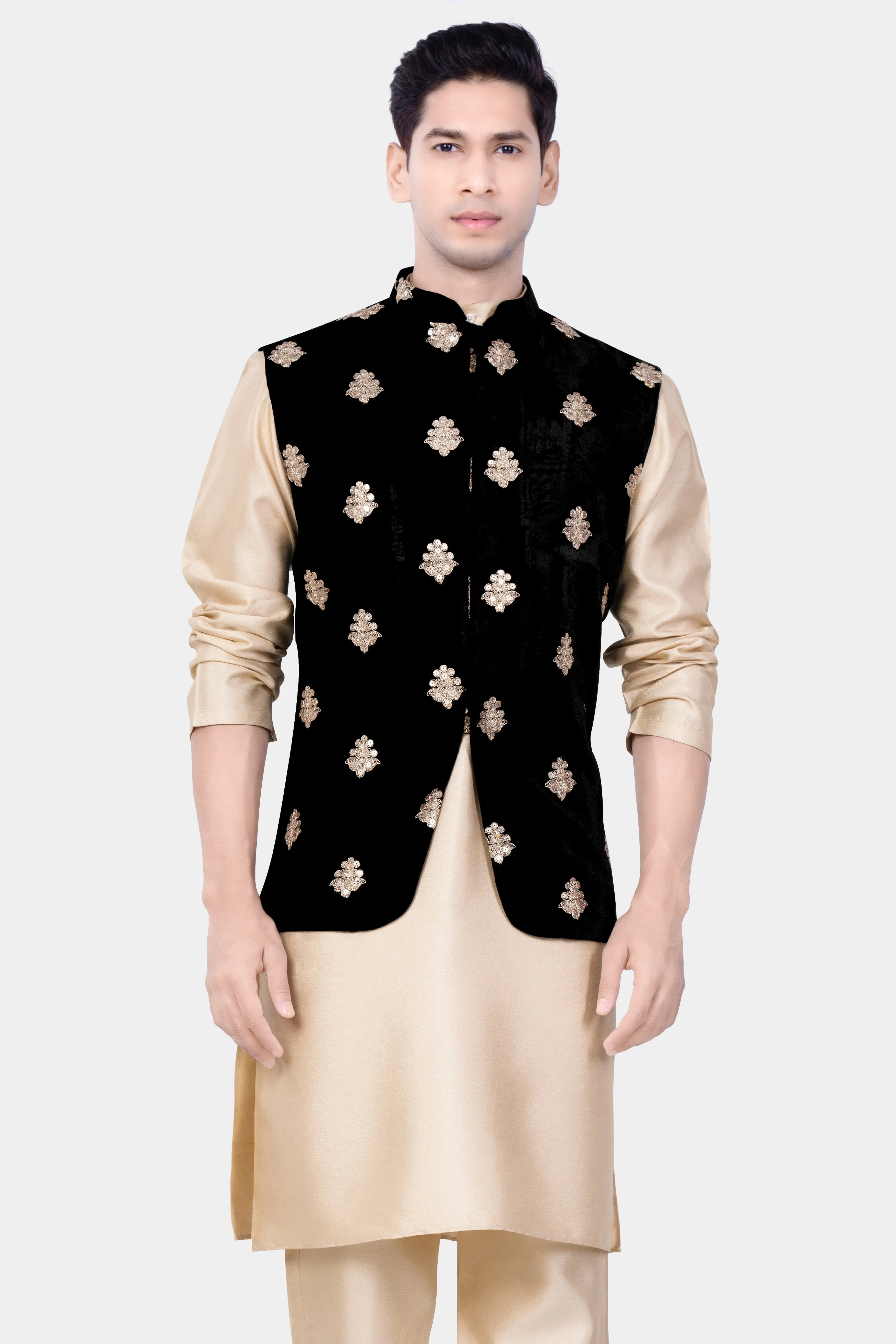 Almond Brown Kurta Set With Jade Black Designer Velvet Sequin And Thread Embroidered Nehru Jacket