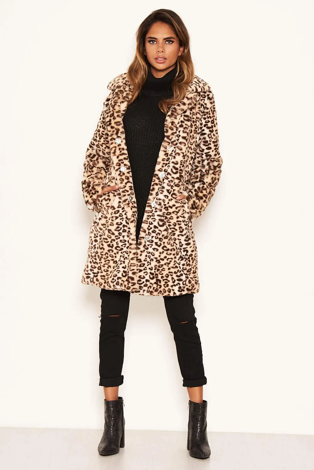 Animal Print Long Faux Fur Coat