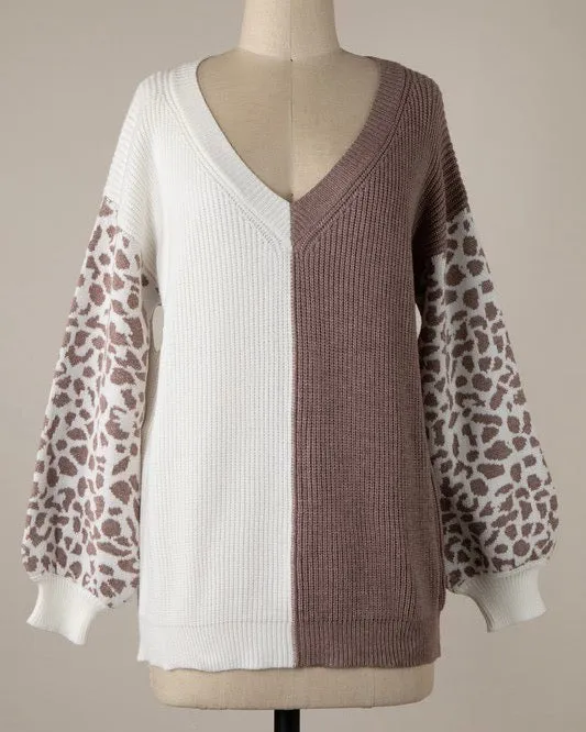 Animal Print Sleeve Color Block Cable Knit Sweater in More Colors