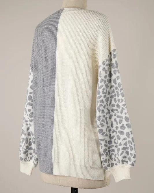 Animal Print Sleeve Color Block Cable Knit Sweater in More Colors