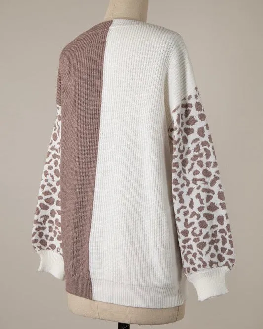 Animal Print Sleeve Color Block Cable Knit Sweater in More Colors