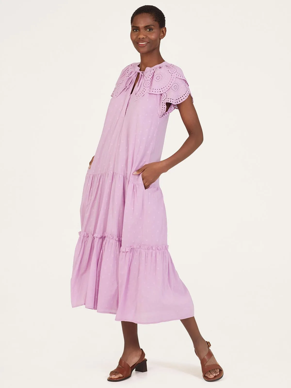 Arabella Organic Cotton Scallop Sleeve Midi Dress - Dusky Lilac