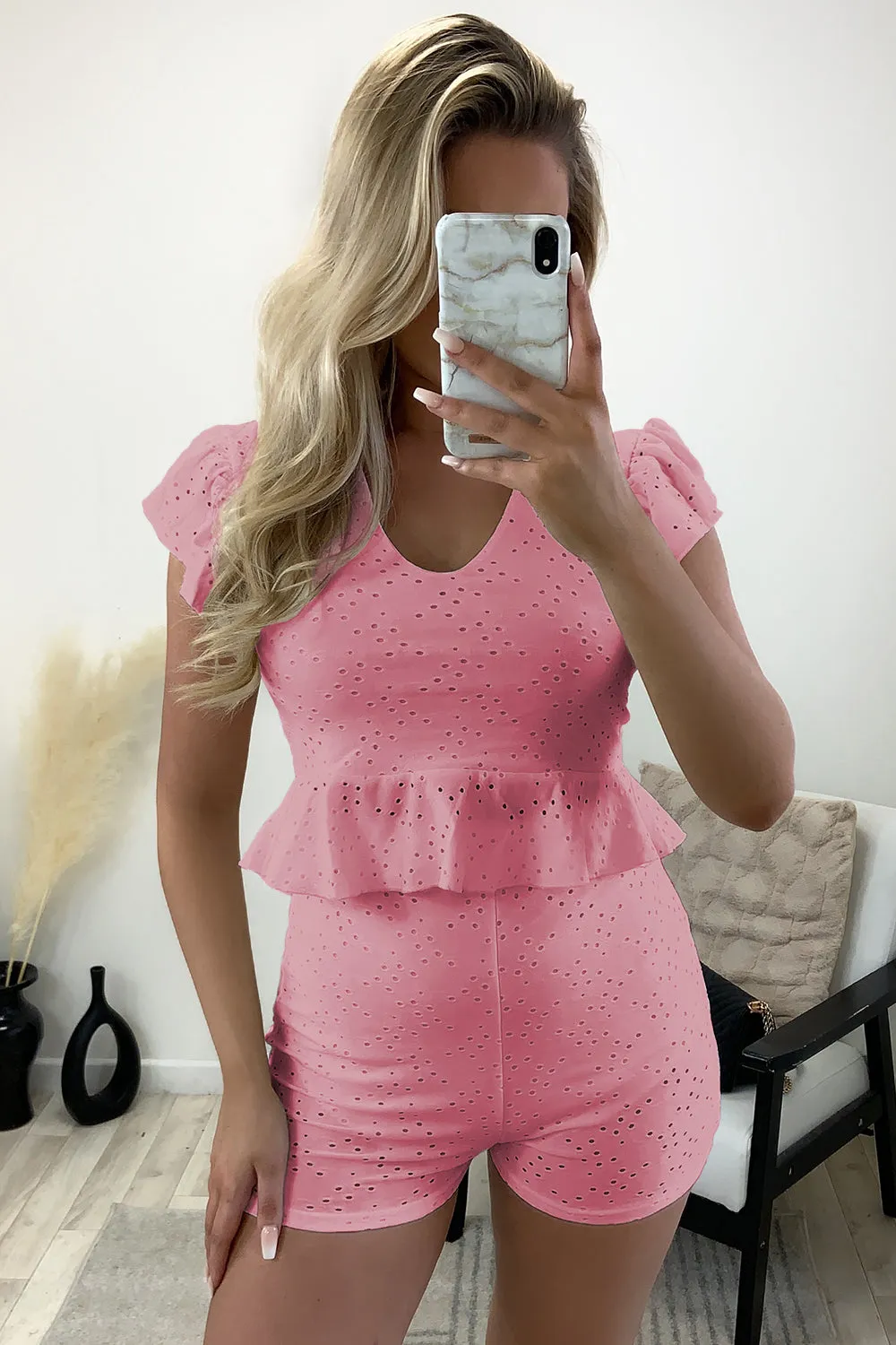 Arella Pink Anglaise Frill Hem Top and Shorts Co-Ord Set