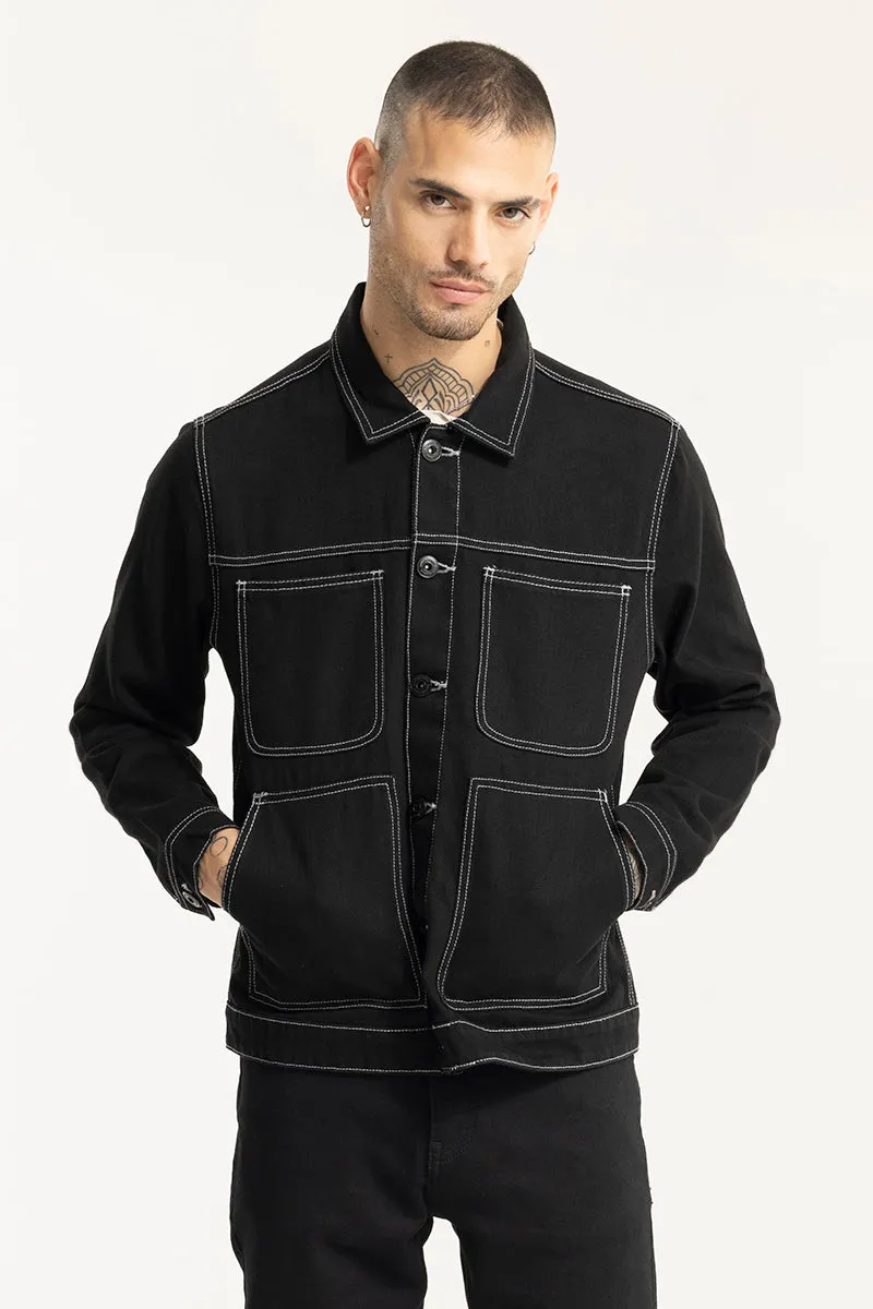 Arte Black Contrast Stitch Black Denim Jacket