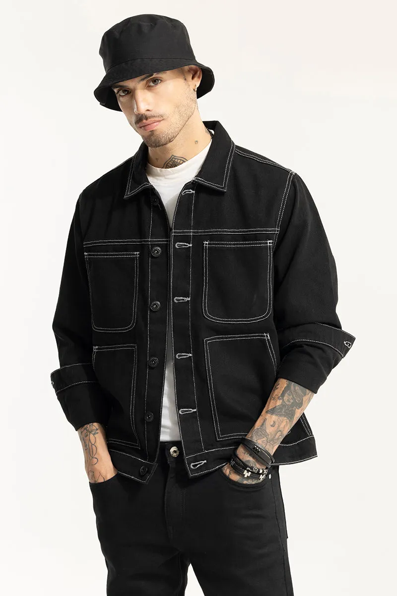 Arte Black Contrast Stitch Black Denim Jacket