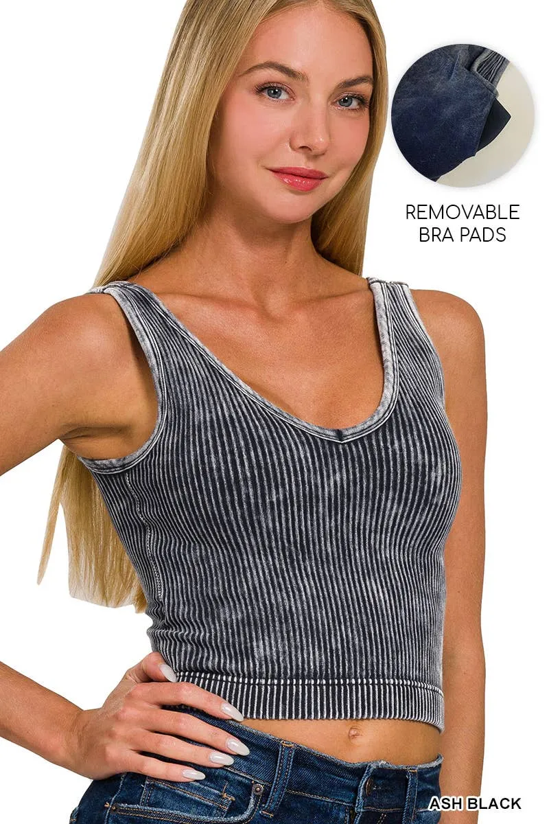 ASH BLACK WASHED RIB CROP V NECK TANK W/ REMOVABLE BRA