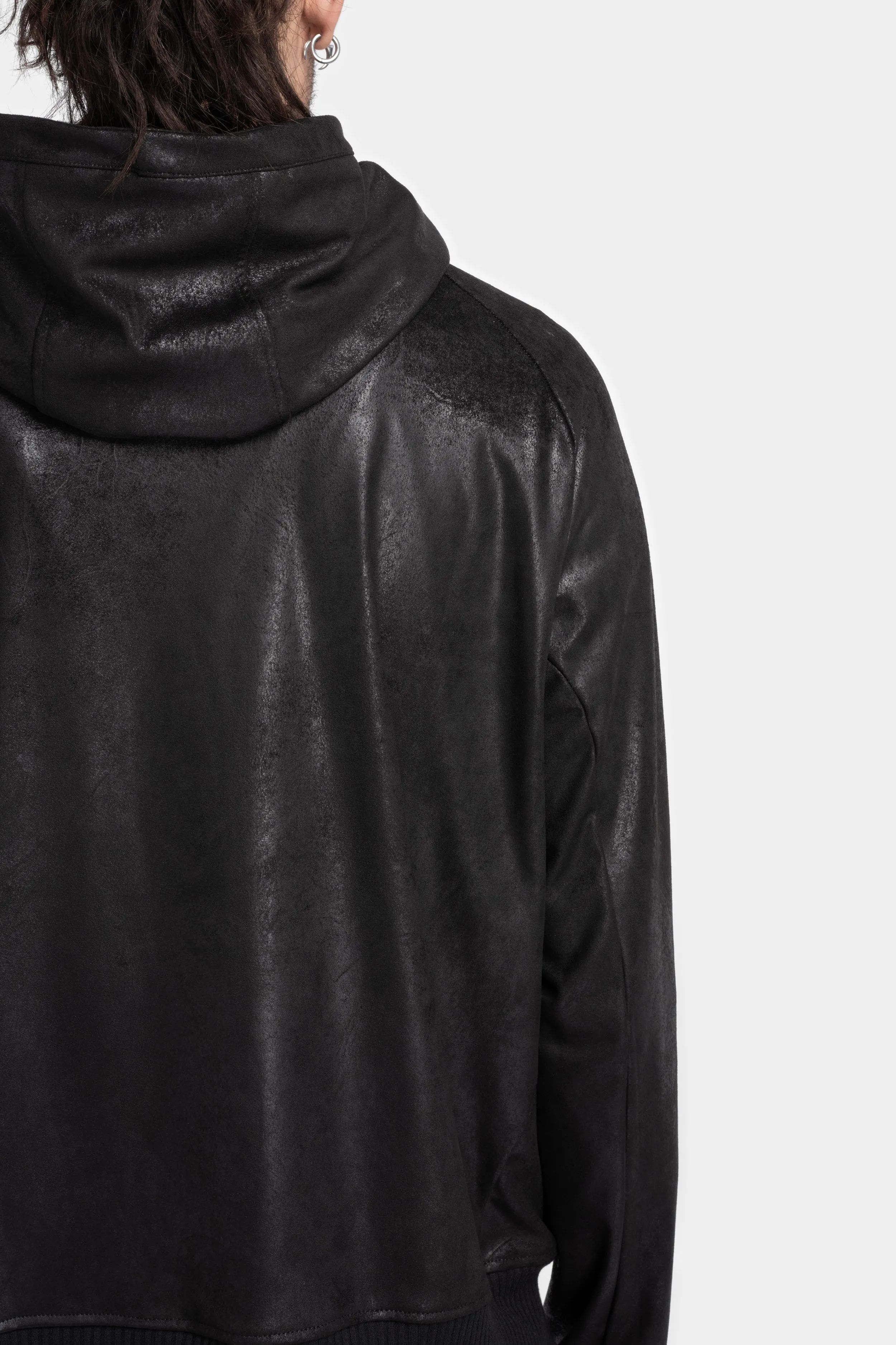 Asymmetrical zip vegan leather hooded bomber jacket