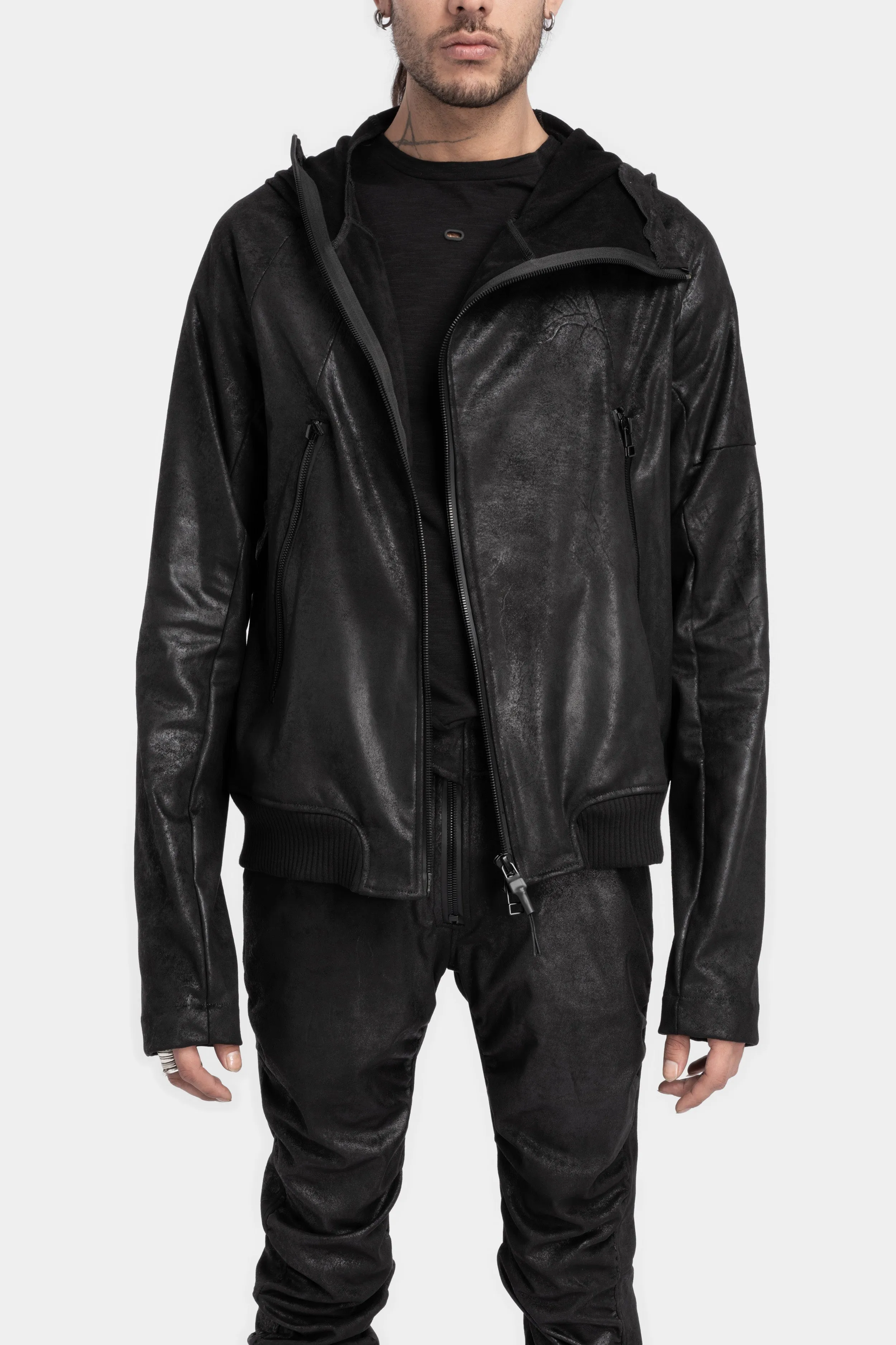 Asymmetrical zip vegan leather hooded bomber jacket