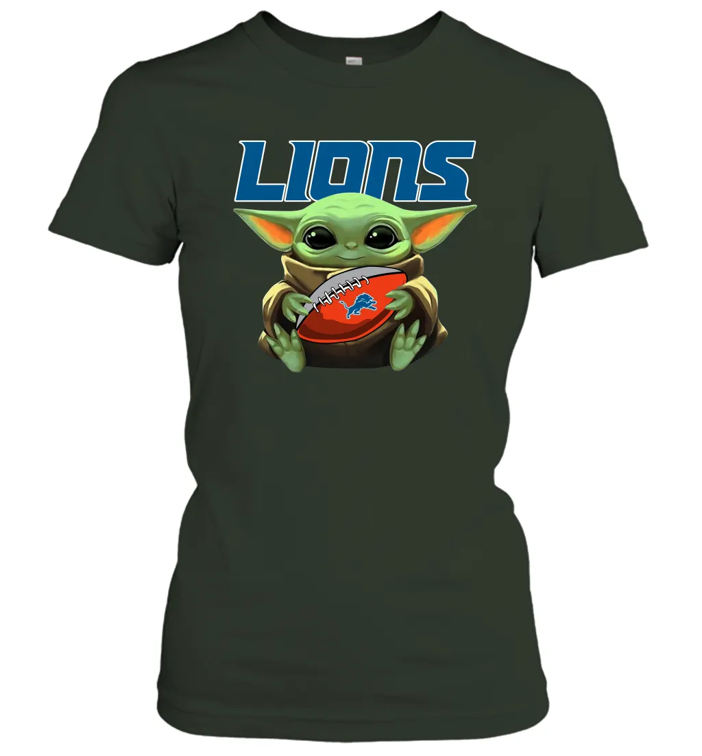 Baby Yoda Loves The Detroit Lions Star Wars Baby Yoda Hugs Lions NFL Womens T-Shirt