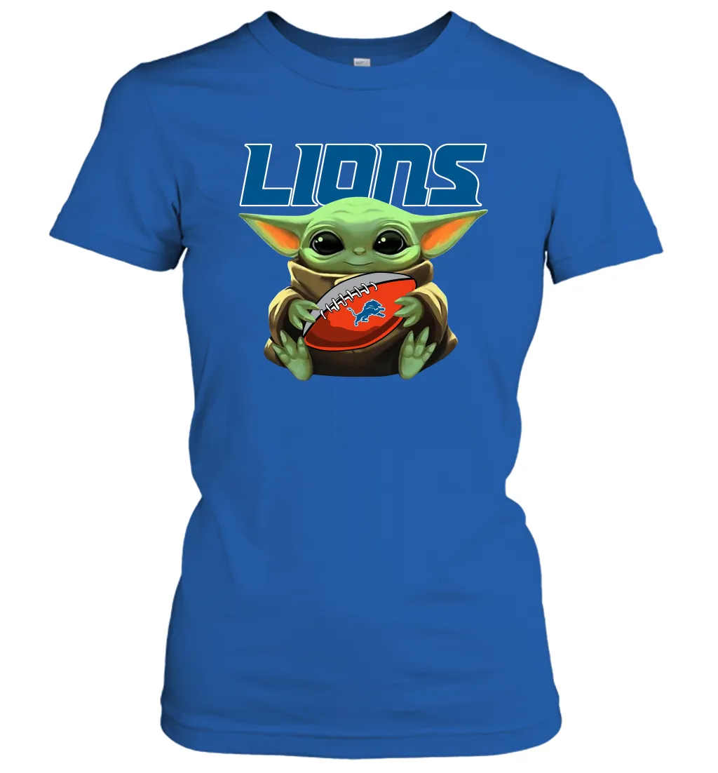 Baby Yoda Loves The Detroit Lions Star Wars Baby Yoda Hugs Lions NFL Womens T-Shirt