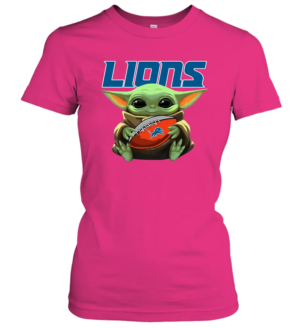 Baby Yoda Loves The Detroit Lions Star Wars Baby Yoda Hugs Lions NFL Womens T-Shirt