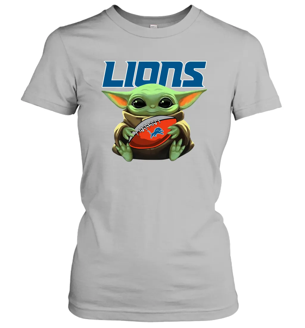 Baby Yoda Loves The Detroit Lions Star Wars Baby Yoda Hugs Lions NFL Womens T-Shirt