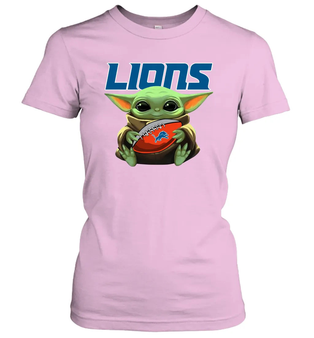 Baby Yoda Loves The Detroit Lions Star Wars Baby Yoda Hugs Lions NFL Womens T-Shirt