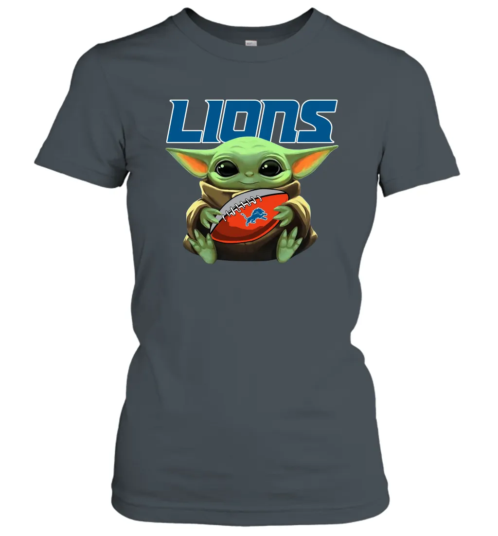 Baby Yoda Loves The Detroit Lions Star Wars Baby Yoda Hugs Lions NFL Womens T-Shirt