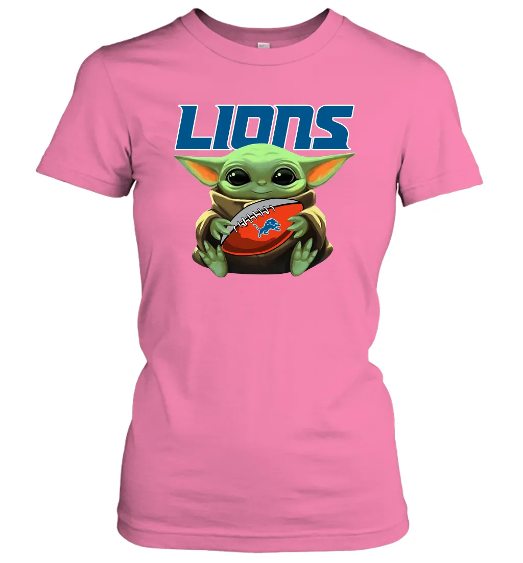 Baby Yoda Loves The Detroit Lions Star Wars Baby Yoda Hugs Lions NFL Womens T-Shirt