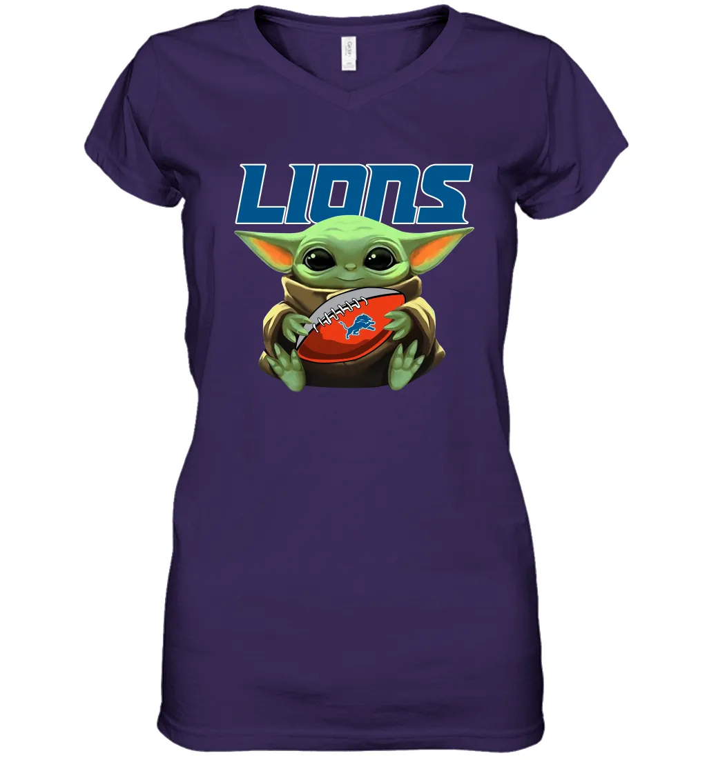 Baby Yoda Loves The Detroit Lions Star Wars Baby Yoda Hugs Lions NFL Womens V-Neck T-Shirt