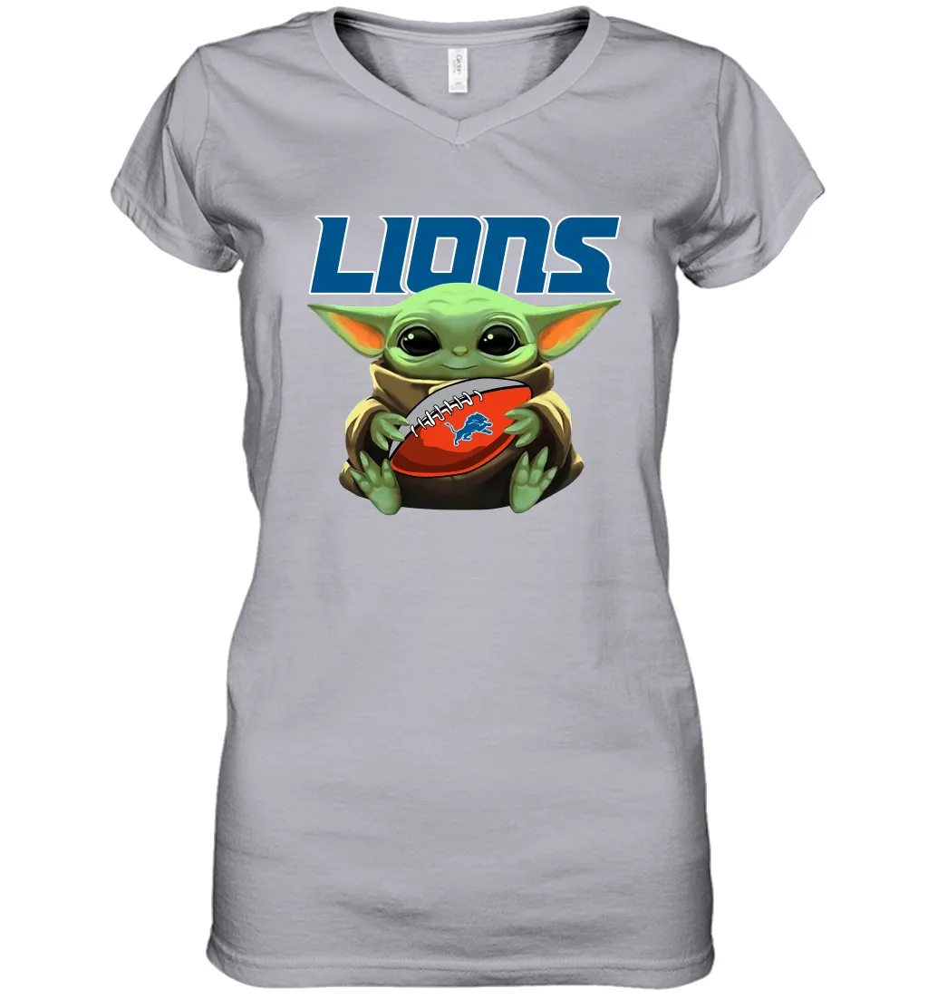 Baby Yoda Loves The Detroit Lions Star Wars Baby Yoda Hugs Lions NFL Womens V-Neck T-Shirt