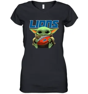 Baby Yoda Loves The Detroit Lions Star Wars Baby Yoda Hugs Lions NFL Womens V-Neck T-Shirt