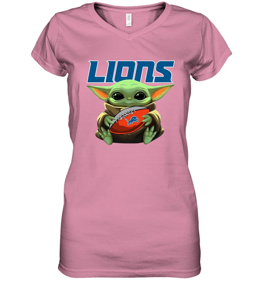 Baby Yoda Loves The Detroit Lions Star Wars Baby Yoda Hugs Lions NFL Womens V-Neck T-Shirt