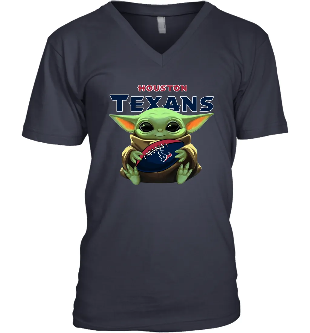 Baby Yoda Loves The Houston Texans Star Wars Baby Yoda Hugs Texans NFL Mens V-Neck T-Shirt