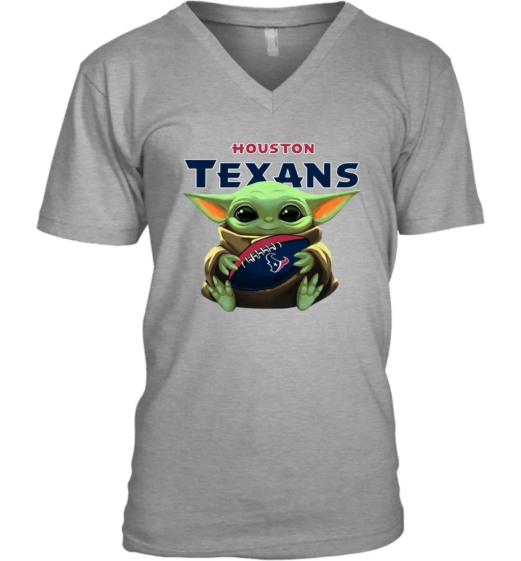 Baby Yoda Loves The Houston Texans Star Wars Baby Yoda Hugs Texans NFL Mens V-Neck T-Shirt