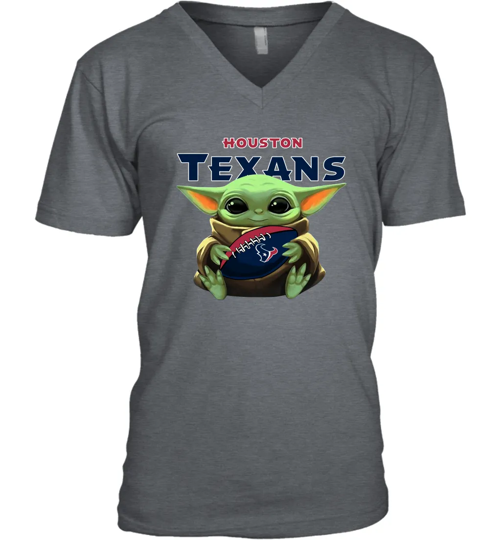 Baby Yoda Loves The Houston Texans Star Wars Baby Yoda Hugs Texans NFL Mens V-Neck T-Shirt