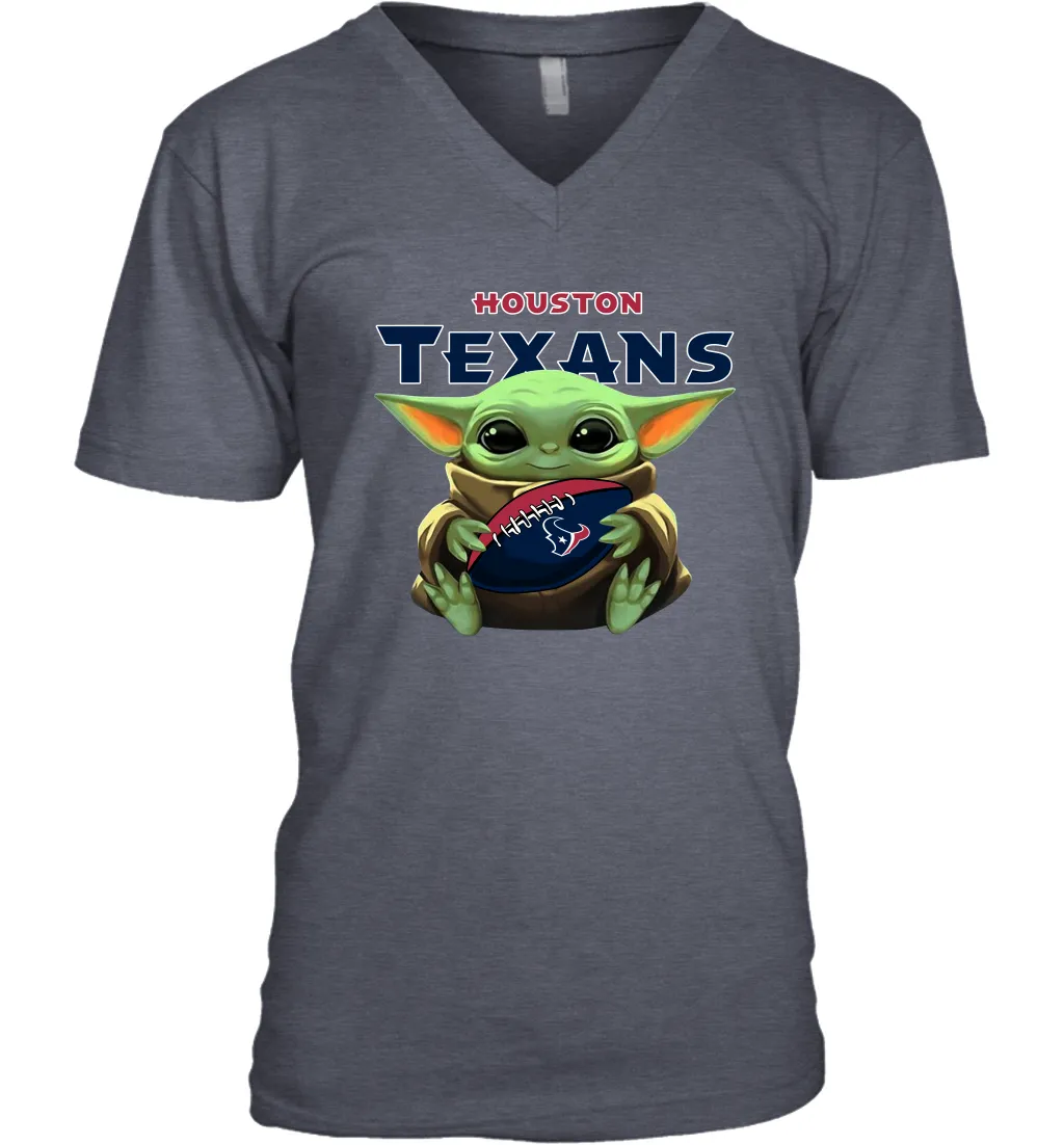 Baby Yoda Loves The Houston Texans Star Wars Baby Yoda Hugs Texans NFL Mens V-Neck T-Shirt