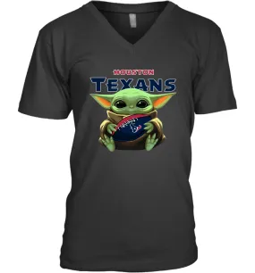 Baby Yoda Loves The Houston Texans Star Wars Baby Yoda Hugs Texans NFL Mens V-Neck T-Shirt