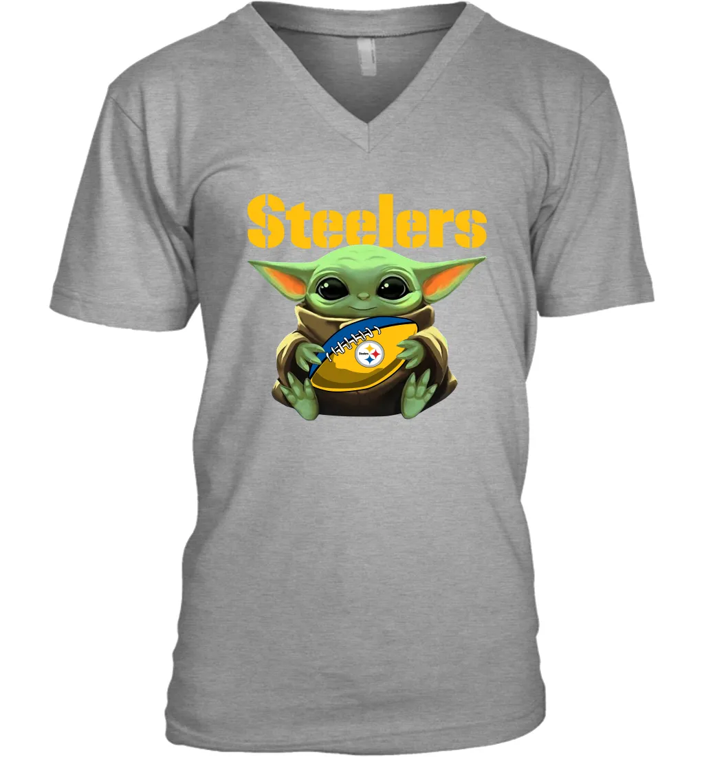 Baby Yoda Loves The Pittsburgh Steelers Star Wars Baby Yoda Hugs Steelers NFL Mens V-Neck T-Shirt