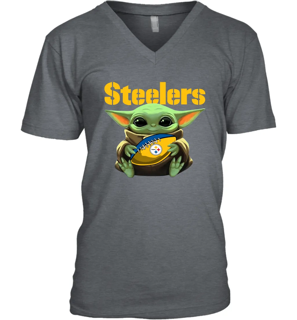 Baby Yoda Loves The Pittsburgh Steelers Star Wars Baby Yoda Hugs Steelers NFL Mens V-Neck T-Shirt