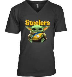 Baby Yoda Loves The Pittsburgh Steelers Star Wars Baby Yoda Hugs Steelers NFL Mens V-Neck T-Shirt