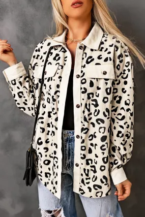 Beige Leopard Print Flap Pocket Corduroy Jacket