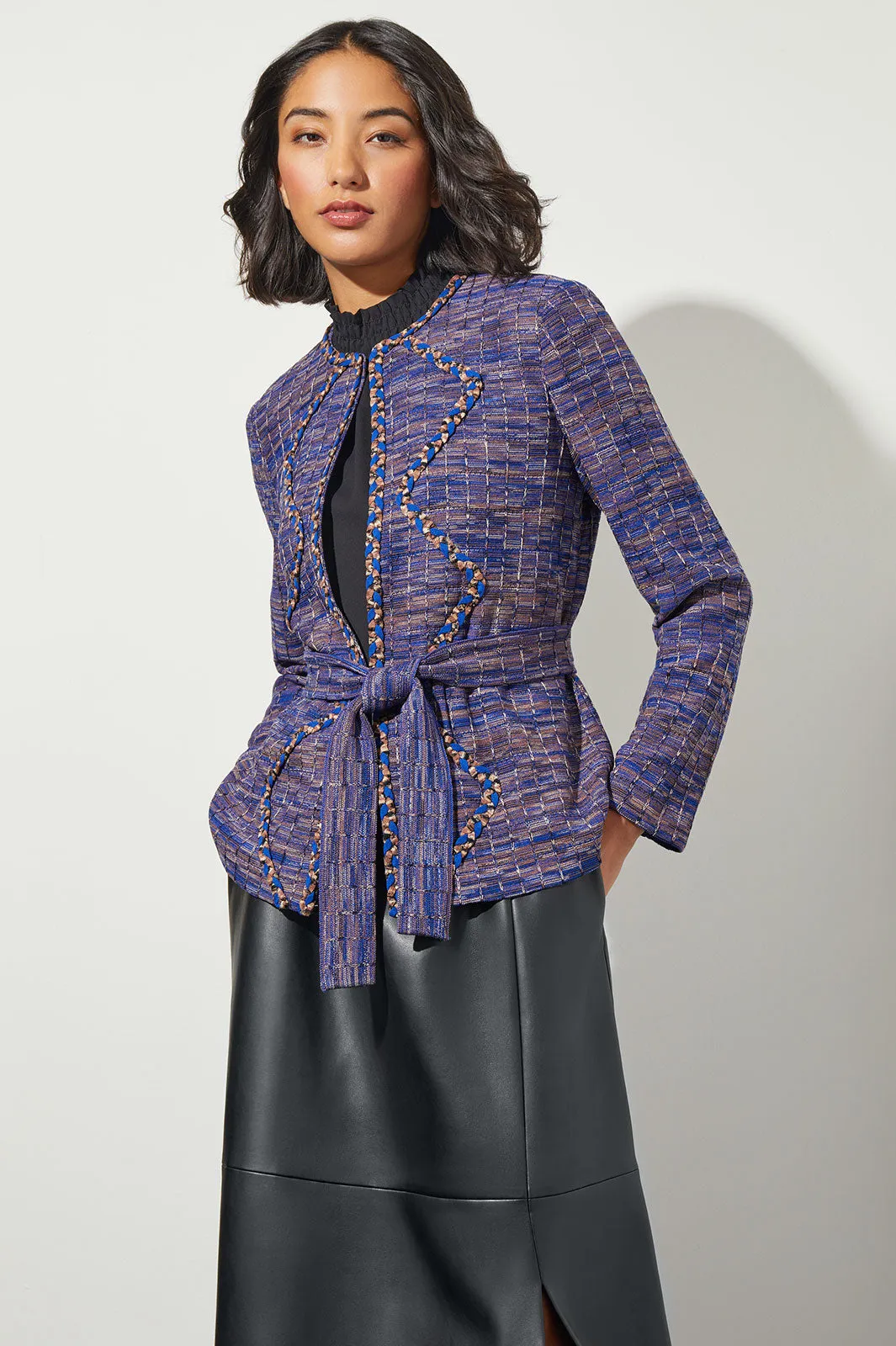 Belted Braid Trim Open Front Knit Jacket