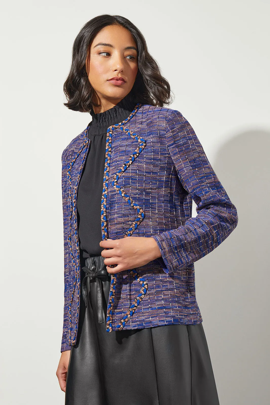 Belted Braid Trim Open Front Knit Jacket