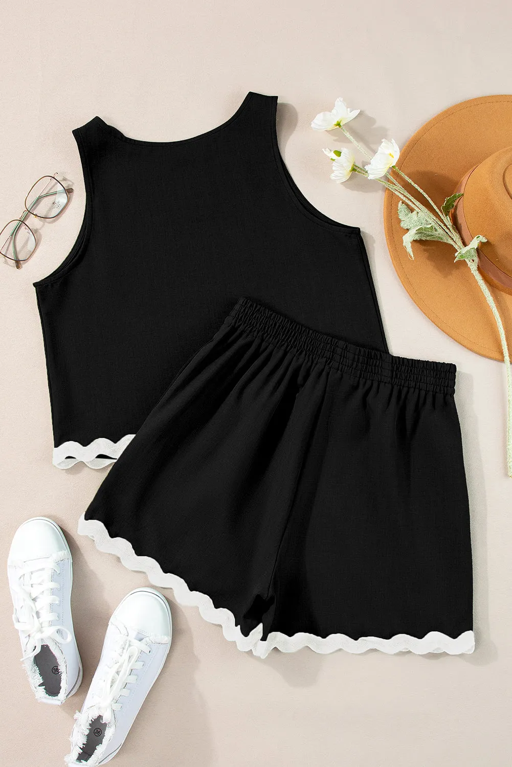 Black Ricrac Trim Tank Top and Elastic Waist Shorts Set