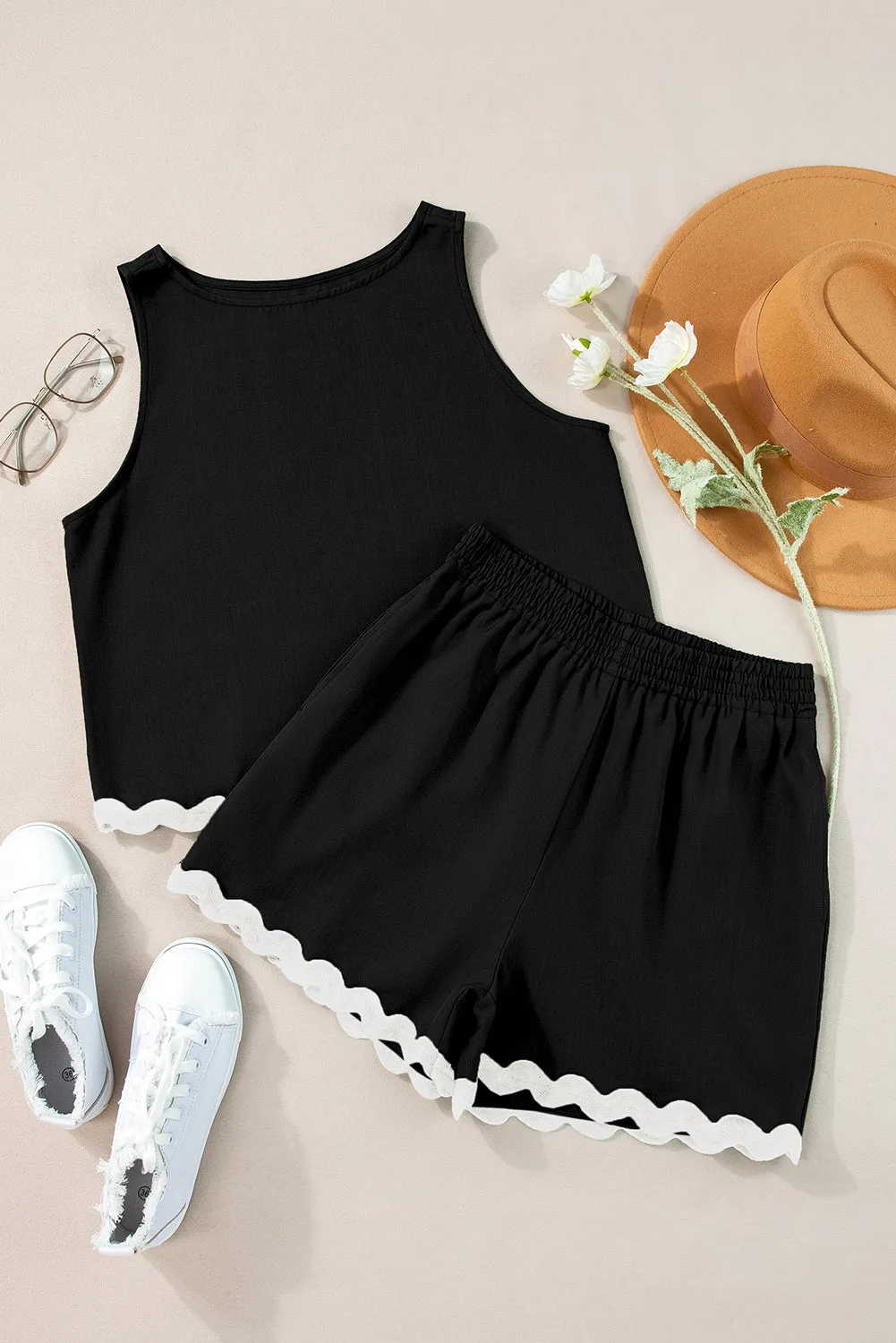 Black Ricrac Trim Tank Top and Elastic Waist Shorts Set