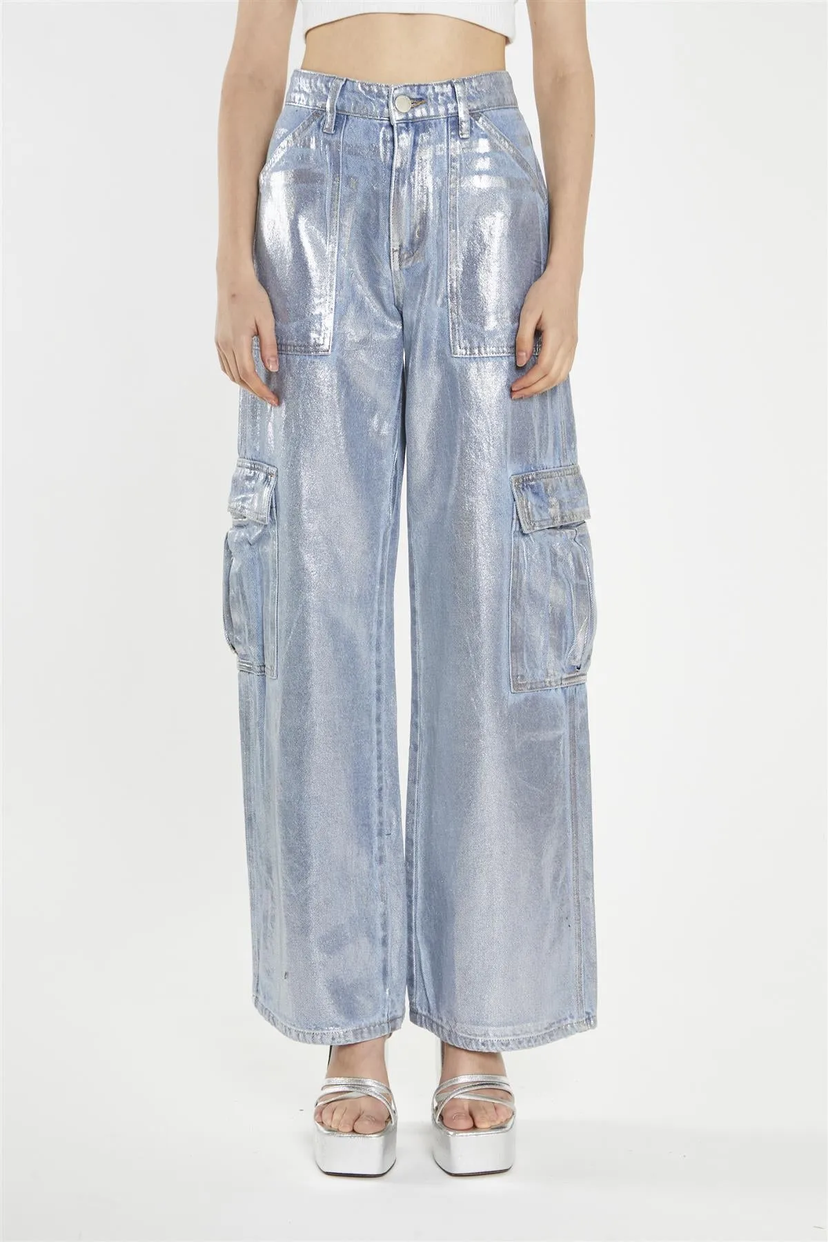 Blue Silver-Foil Wide-Leg Cargo-Jeans