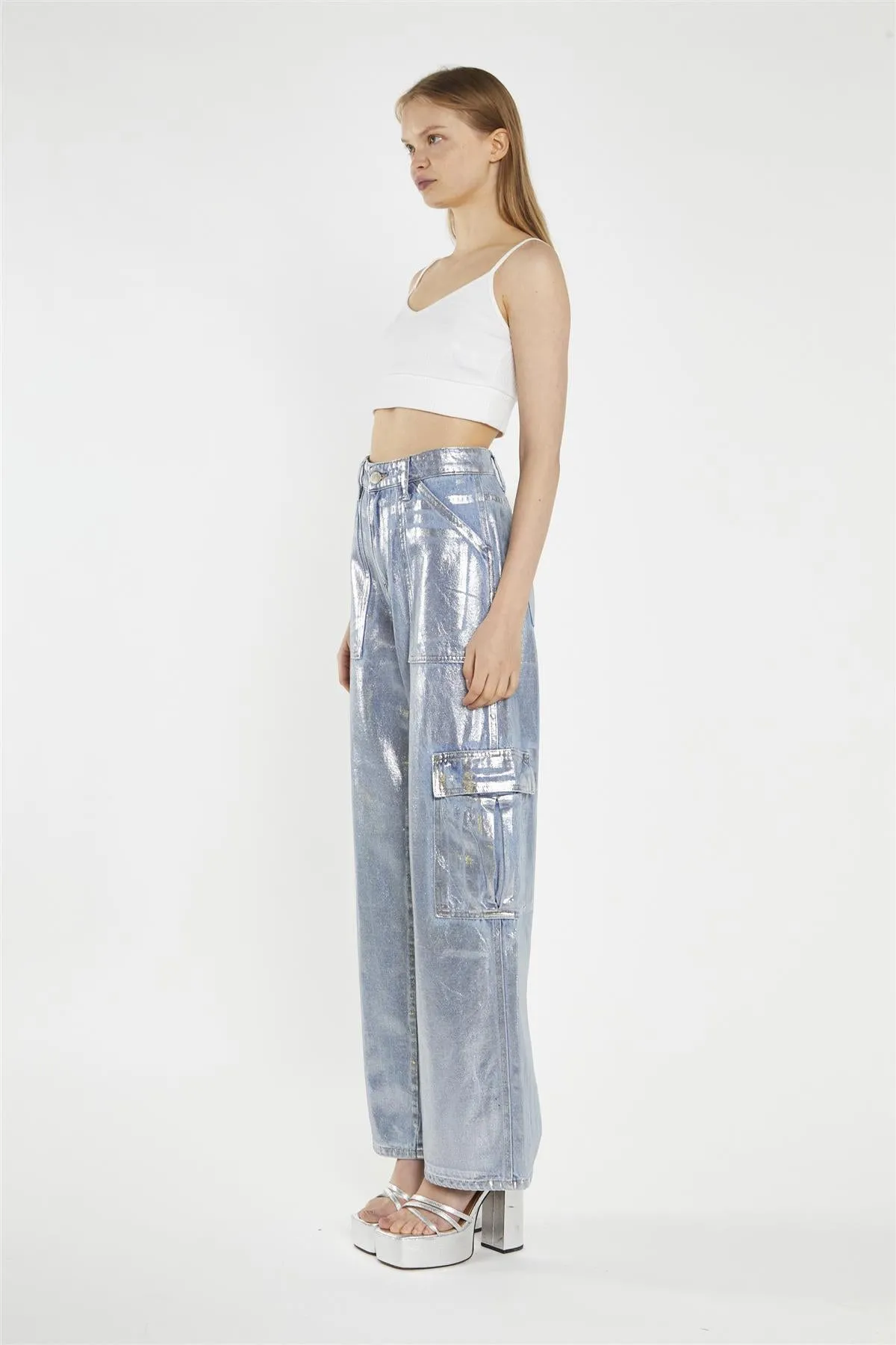 Blue Silver-Foil Wide-Leg Cargo-Jeans