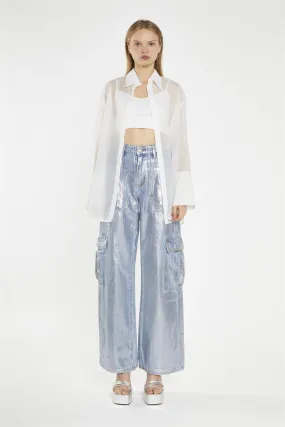 Blue Silver-Foil Wide-Leg Cargo-Jeans