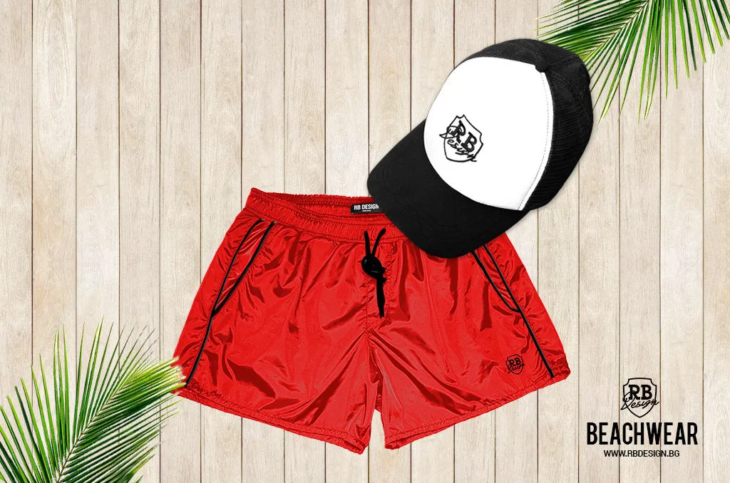 Bundle Red Mens Swimming Shorts   Black/White Hat BW01RBW