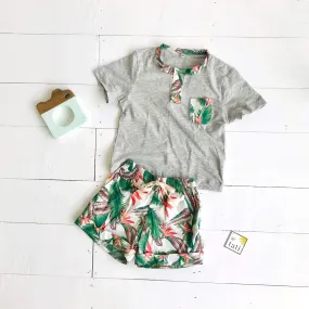 Caper Top & Shorts in Birds of Paradise and Gray Stretch