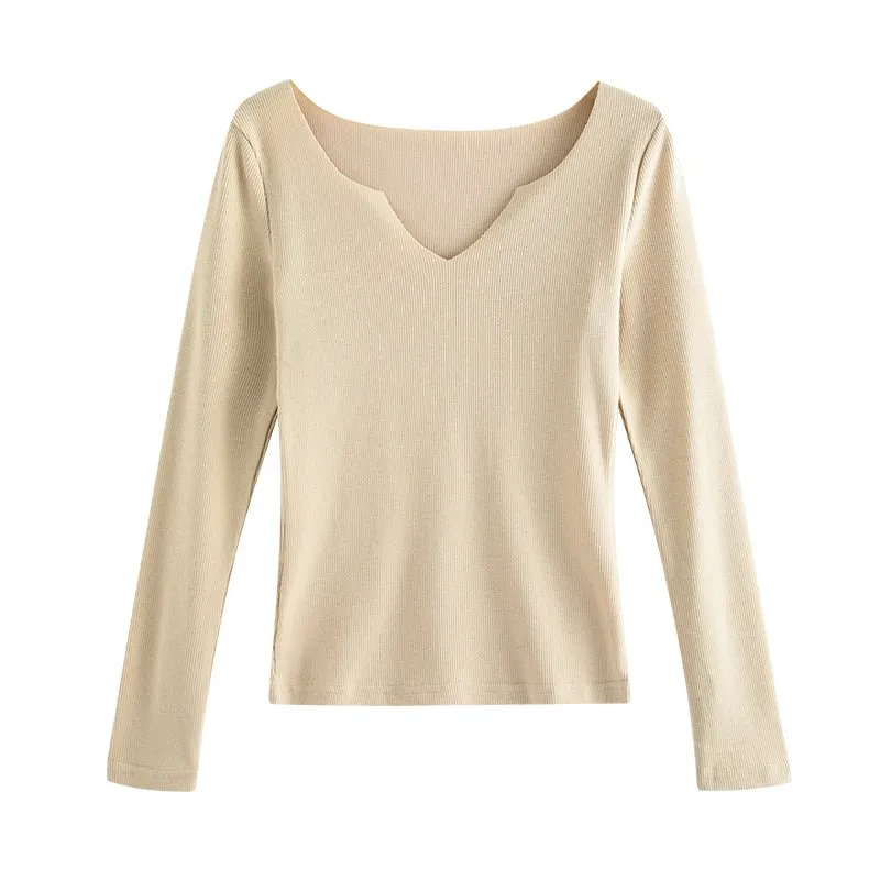 Chest Open Long Sleeve T-shirt Autumn Elegant Slim V-neck Pullover Solid Color Underwear Top Women