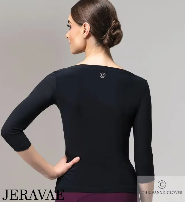 Chrisanne Clover ETERNITY Black Boat Neck Latin or Ballroom Practice Top with 3/4 Length Sleeves PRA 951 in Stock